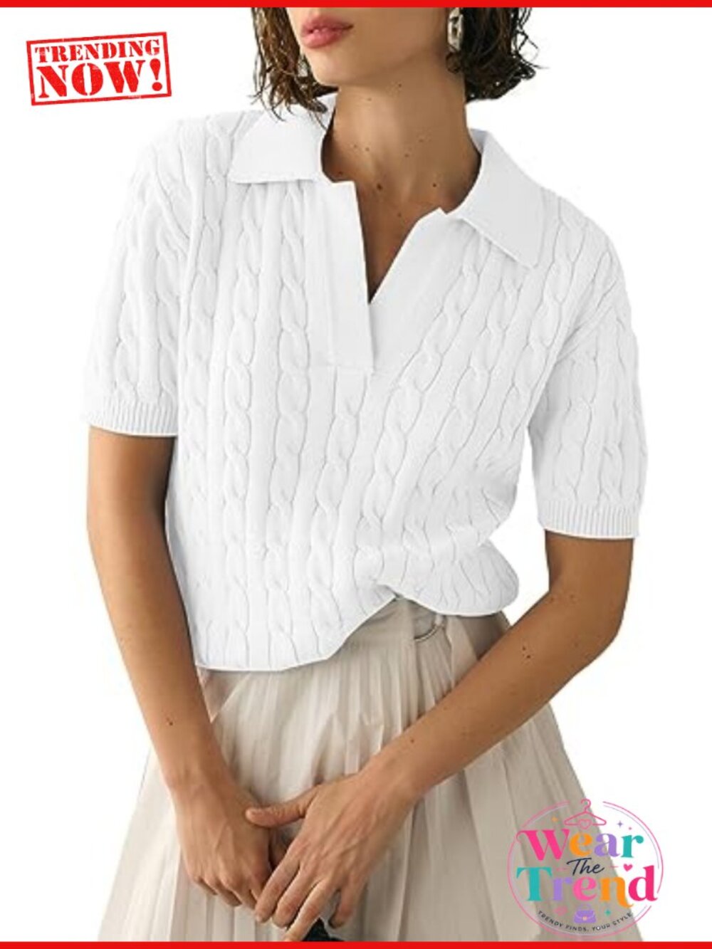 Womens Cable Knit Short Sleeve Sweater V Neck Lapel Pullover